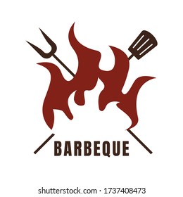 Hot grill logo design template with flame fire shape illustration. Vector element graphic barbecue concept in vintage style. Can use for stamp, emblem, logotype. Retro restaurant and bar identity