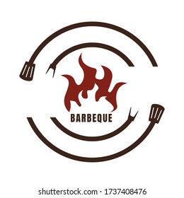 Hot grill logo design template with flame fire shape illustration. Vector element graphic barbecue concept in vintage style. Can use for stamp, emblem, logotype. Retro restaurant and bar identity
