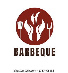 Hot grill logo design template with flame fire shape illustration. Vector element graphic barbecue concept in vintage style. Can use for stamp, emblem, logotype. Retro restaurant and bar identity
