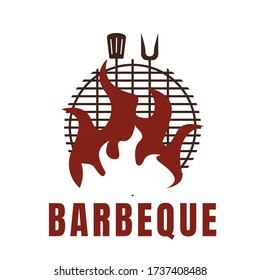 Hot grill logo design template with flame fire shape illustration. Vector element graphic barbecue concept in vintage style. Can use for stamp, emblem, logotype. Retro restaurant and bar identity