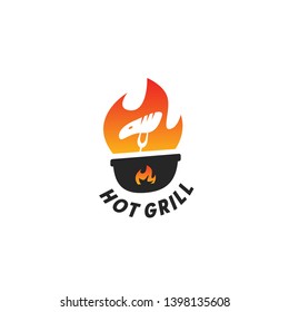 Hot grill logo with fork and meat steak silhouette in fire flame