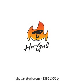 Hot grill logo icon with flame and steak on fork grilled, simple memorable icon logo