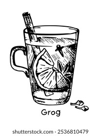 Hot grog cocktail. Hand-drawn sketch style Christmas winter or autumn warm drink in a coupe glass garnished with cloves and lemon zest twist. Hot mulled wine for Christmas and winter.