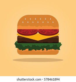 hot hamburger with meat, tomatoes, lettuce and cheese, vector illustration