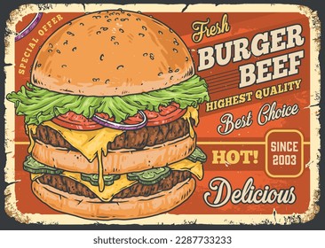 Hot hamburger vintage flyer colorful with two beef cutlets and cheese for advertising cool bar or mens tavern vector illustration