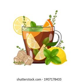 Hot healing herbal black tea with lemon, orange, mint, thyme and cane sugar. Vector illustration