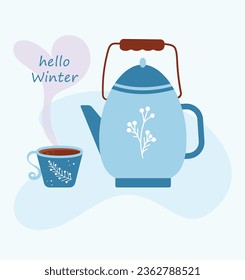 Hot healthy drinks and winter warming drink. Coffee or tea in a cup, mug, and teapot. The inscription hello winter. Drawing on a T-shirt.Vector illustration