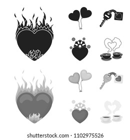 Hot heart, balloons, a key with a charm, a cold heart. Romantic set collection icons in black,monochrome style vector symbol stock illustration web.