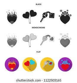 Hot heart, balloons, a key with a charm, a cold heart. Romantic set collection icons in black, flat, monochrome style vector symbol stock illustration web.