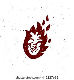 Hot heart burning in fire, vintage retro badge for t-shirt apparel clothing print, isolated on white background vector graphic illustration art.