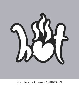 Hot Heart. Hand written phrase in calligraphic style on gray background. White on black. Clipping paths included.