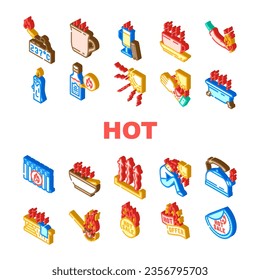 hot heat cold fire icons set vector. flame air, warm summer, sign spicy, cool water, snowflake label, temperature hot heat cold fire isometric sign illustrations