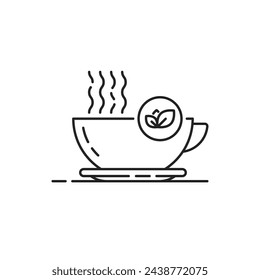 hot herbal tea like thin line cup with steam. concept of morning drink for relaxation and natural beverage for rest. linear simple graphic modern design abstract logotype element isolated on white