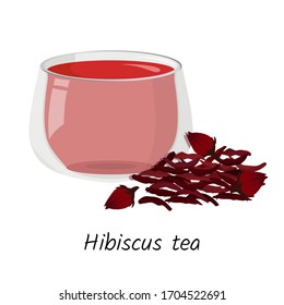 Hot hibiscus tea in glass cup and a handful of tea isolated on white background. Vector drink illustration.