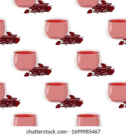 Hot hibiscus tea with a handful of dry tea seamless pattern. Simple graphic drinks background.