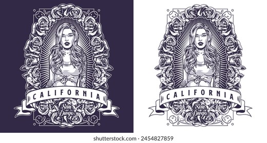 Hot hipster girl flyer monochrome with ribbon California stands in frame of roses dressed in seductive t-shirt vector illustration