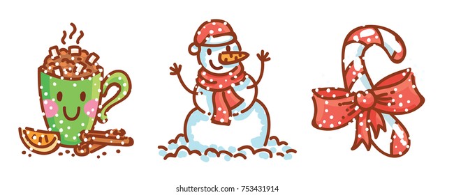 Hot holiday beverage, Snowman, Candy and Snow. Cute cartoon illustration elements for Christmas and New Year celebration. Vector hand drawn doodle style for for greeting card, poster, banner