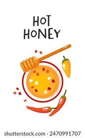 Hot honey or chili honey in the bowl with honey dipper. Organic Raw Spicy Hot Honey. Dry chili peppers. Isolated vector illustration. 