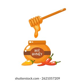 Hot honey or chili honey in the bowl with honey dipper. Organic Raw Spicy Hot Honey. Dry chili peppers. Isolated vector illustration. 