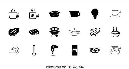 Hot icon. collection of 18 hot filled and outline icons such as sausage, pot, bbq, beef, air balloon, tea, pie, soup, coffee. editable hot icons for web and mobile.