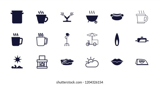 Hot icon. collection of 18 hot filled and outline icons such as mug, coffee, pie, love, pan, watering system, flame, iron, fireplace. editable hot icons for web and mobile.
