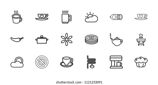 Hot icon. collection of 18 hot outline icons such as sun, teapot, barbeque, pepper, coffee cup, cup with heart, cup, jacuzzi, pie. editable hot icons for web and mobile.