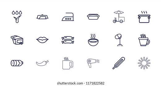 Hot icon. collection of 18 hot outline icons such as sausage, pan, coffee, hair dryer, iron, pie, soup, themometer, love. editable hot icons for web and mobile.