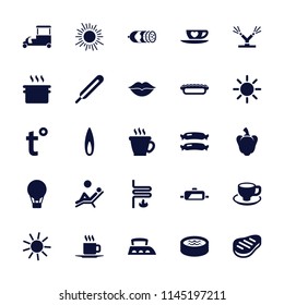 Hot icon. collection of 25 hot filled icons such as sausage, coffee, sun, air balloon, pan, fast food cart, coffee cup, themometer. editable hot icons for web and mobile.