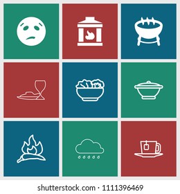 Hot icon. collection of 9 hot filled and outline icons such as sweating emot, barbecue, chili, tea, food, pan, fireplace, sun. editable hot icons for web and mobile.