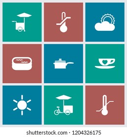 Hot icon. collection of 9 hot filled icons such as sun, thermometer, cup with heart, pan, fast food cart. editable hot icons for web and mobile.