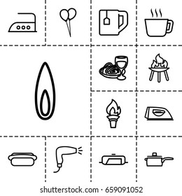 Hot icon. set of 13 outline hoticons such as pan, hair dryer, balloon, iron, tea cup, pasta and wine glass, hot dog, bbq, flame, torch