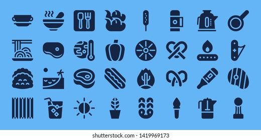 hot icon set. 32 filled hot icons. on blue background style Collection Of - Cup, Spaghetti, Tacos, Churros, Soup, Steak, Beach, Drink, Restaurant, Global warming, Meat, Brightness