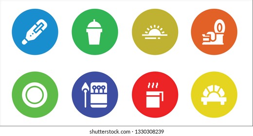 hot icon set. 8 filled hot icons.  Simple modern icons about  - Thermometer, Dish, Drink, Matches, Sunrise, Cup, Tin, Dumpling