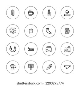 Hot icon set. collection of 16 outline hot icons with bbq grill, beach, bikini, chili, coffee cup, coffee maker, coffee, fire, fries, hammock, pretzel, tabasco, toaster icons.