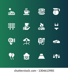 hot icon set. Collection of 16 filled hot icons included Fried chicken, Volcano, Balloon, Dunes, Water heater, Beach, Hairdryer, Bikini, Firewood, Coffee, Grill, Coffee pot, Pancake
