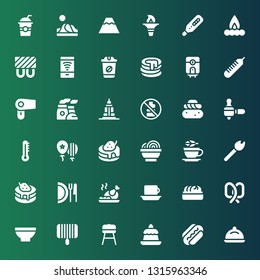 hot icon set. Collection of 36 filled hot icons included Tray, Sausage, Pudding, Barbecue, Grill, Bowl, Pretzel, Dumpling, Coffee, Roast chicken, Dish, Pancake, Match, Tea, Balloons
