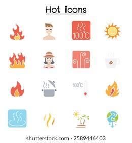 Hot icon set in flat color style