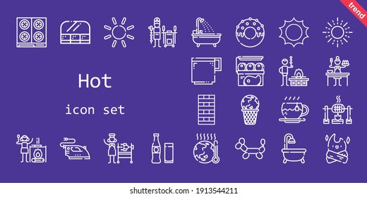 hot icon set. line icon style. hot related icons such as chimney, rotisserie, balloon modelling, sauce, sun, bbq, tea, bathtub, global warming, coffee cup, food and restaurant, beverage, donut