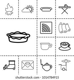 Hot icons. set of 13 editable outline hot icons such as teapot, ironing table, fast food cart, pie, cup with heart, wi-fi, sausage, bonfire, pot, love