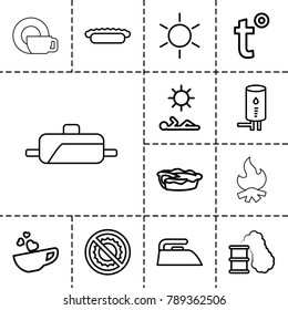 Hot icons. set of 13 editable outline hot icons such as sun, iron, pie, no brightness, cup with heart, geyser, temperature, man laying in sun, smoking can, pan, dish