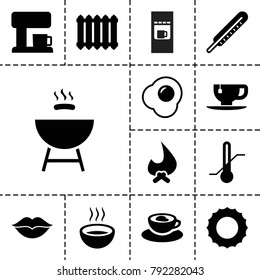 Hot icons. set of 13 editable filled hot icons such as sun, bonfire, tea cup, soup, thermometer, love, cup with heart, egg, coffee machine, radiator, vending machine, barbeque