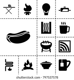 Hot icons. set of 13 editable filled hot icons such as chili, mug, barbecue, air balloon, hot dog, tea cup, wi-fi, pan, heating system, ironing table