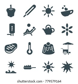 Hot icons. set of 16 editable filled hot icons such as sun, fast food cart, pie, themometer, cup with heart, beef, teapot, pan-fry, geyser, temperature, man laying in sun