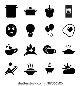 Hot icons. set of 16 editable filled hot icons such as chili, air balloon, barbeque, soup, cup with heart, pan, egg, sun cloud, man laying in the sun, pepper, vending machine