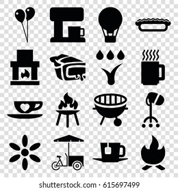 Hot icons set. set of 16 hot filled icons such as sun, hair dryer, balloon, fast food cart, pie, cup with heart, bbq, tea, coffee machine, watering system, mug, bonfire