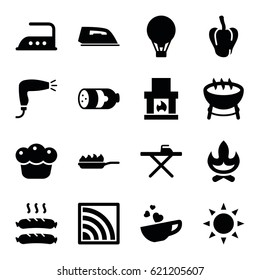 Hot icons set. set of 16 hot filled icons such as sun, sausage, pepper, hair dryer, ironing table, iron, cup with heart, wi-fi, pie, pan-fry, air balloon, bonfire, barbecue