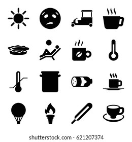 Hot icons set. set of 16 hot filled icons such as sausage, sweating emot, fast food cart, coffee cup, pie, themometer, thermometer, cup, coffee, pan, temperature, torch, sun