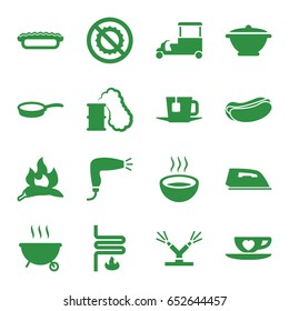 Hot icons set. set of 16 hot filled icons such as chili, hair dryer, iron, hot dog, fast food cart, soup, no brightness, cup with heart, pie, tea, pan, watering system