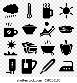 Hot icons set. set of 16 hot filled icons such as sun, iron, pie, themometer, pepper, tea cup, coffee, pan, geyser, mug, thermometer, man laying in sun, man laying in the sun