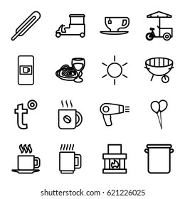 Hot icons set. set of 16 hot outline icons such as vending machine, sun, hair dryer, balloon, coffee, tea cup, fast food cart, pasta and wine glass, themometer, cup, bbq, pan